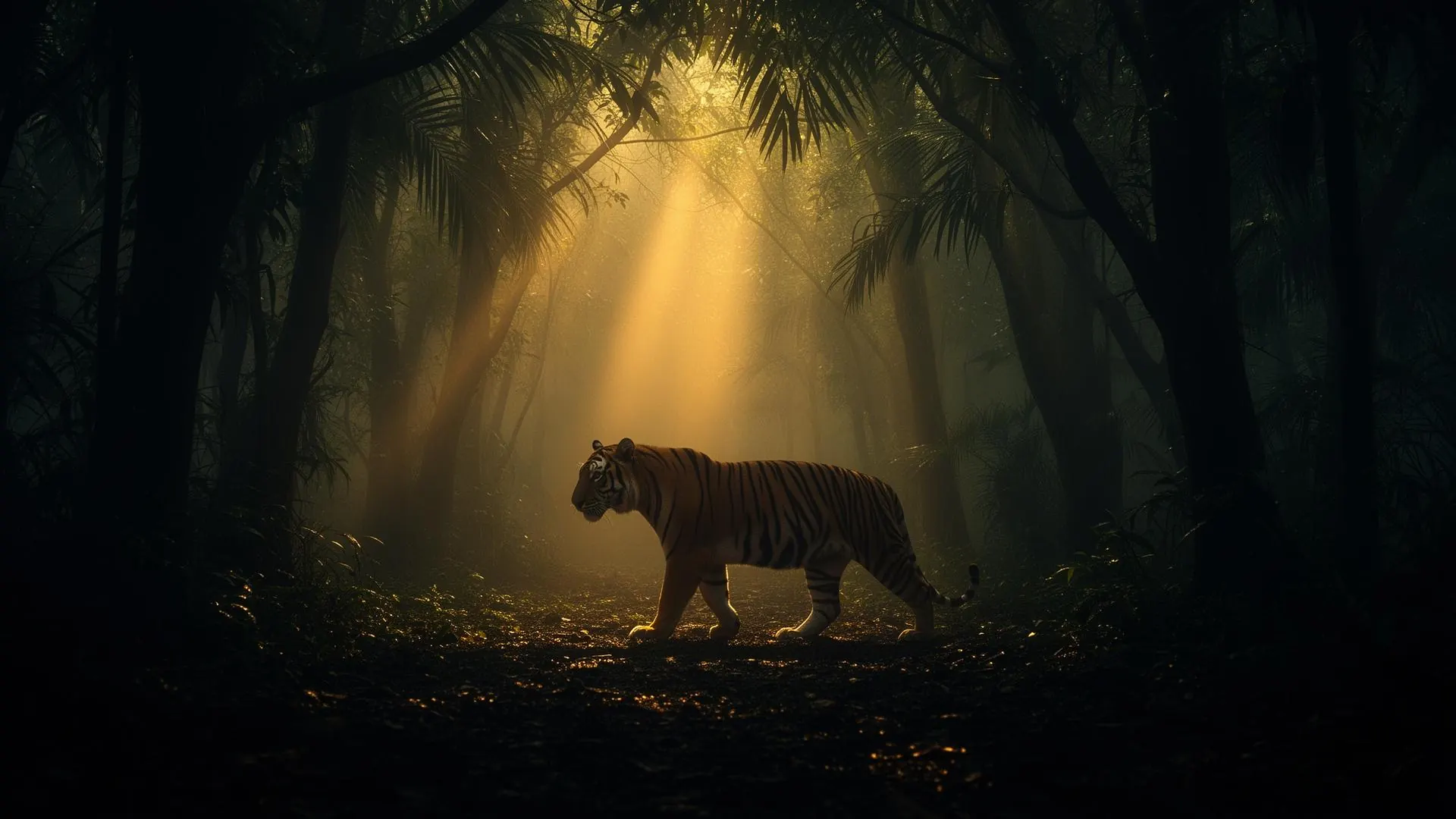 Tiger walking through Indian jungle